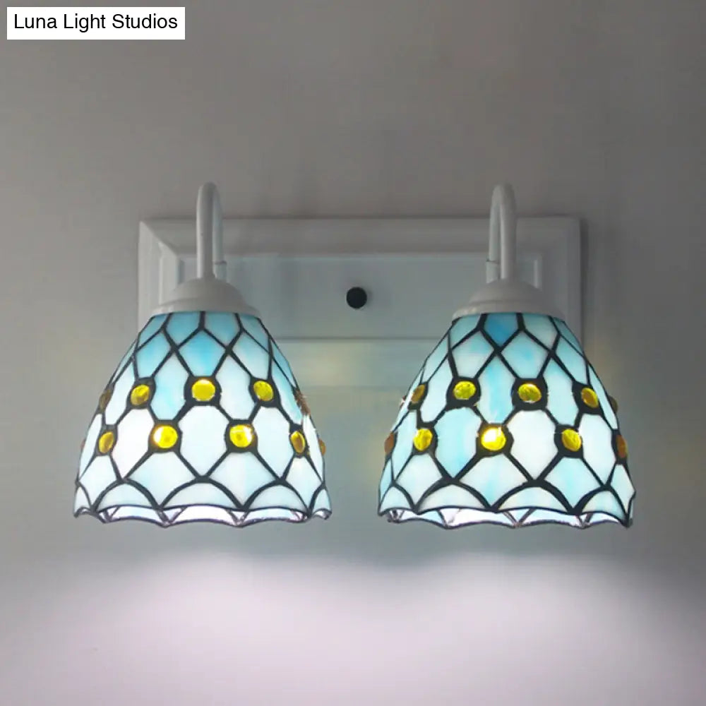 Sky Blue/Blue Tiffany Style Stained Glass Wall Sconce With 2 Lights - Ideal For Bedroom