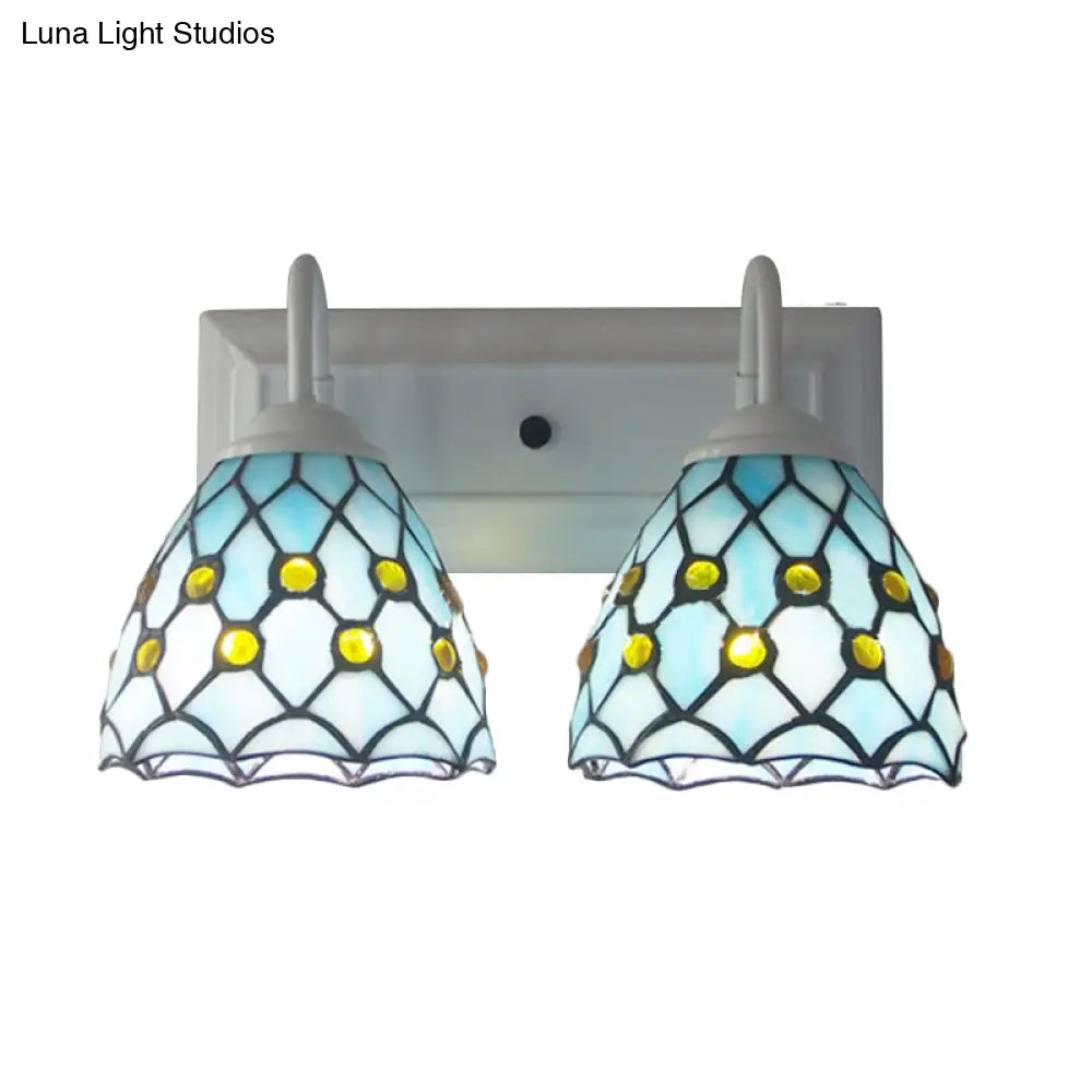 Sky Blue/Blue Tiffany Style Stained Glass Wall Sconce With 2 Lights - Ideal For Bedroom