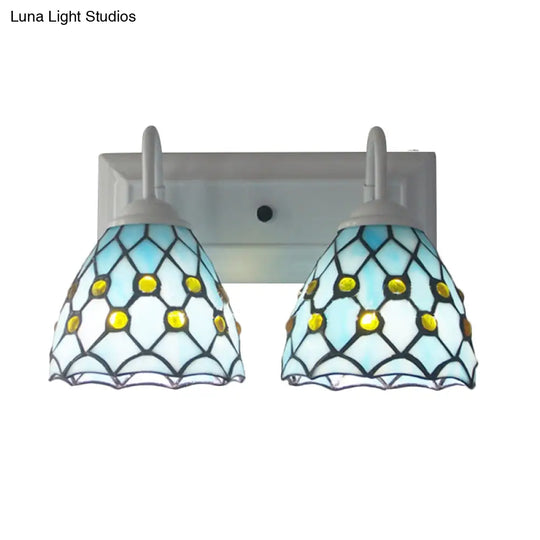 Sky Blue/Blue Tiffany Style Stained Glass Wall Sconce With 2 Lights - Ideal For Bedroom