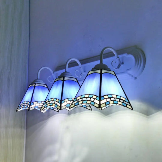 Sky Blue/Blue/Yellow Geometric Stained Glass Wall Lamp - Tiffany Style Sconce Lighting For Bathroom