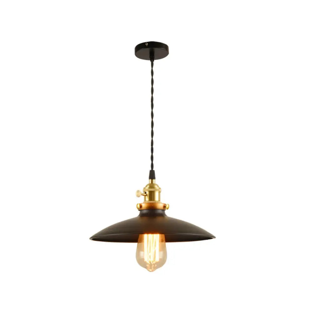 Sleek 1-Head Warehouse Saucer Pendant Light For Dining Room - Metallic Drop Design Black