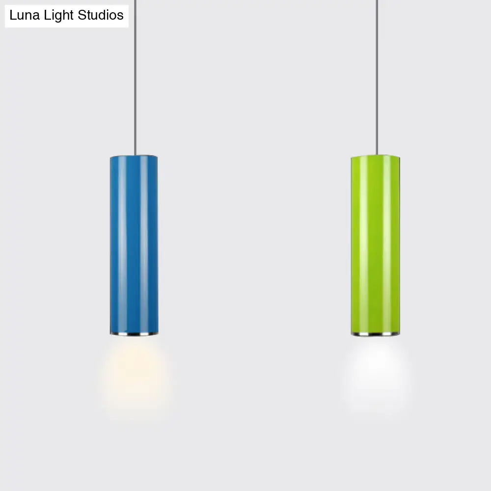 Sleek 11’/19’/23.5’ H Blue/Green Metal Cylinder Pendant Lamp - Simple Style 1 Head Bar