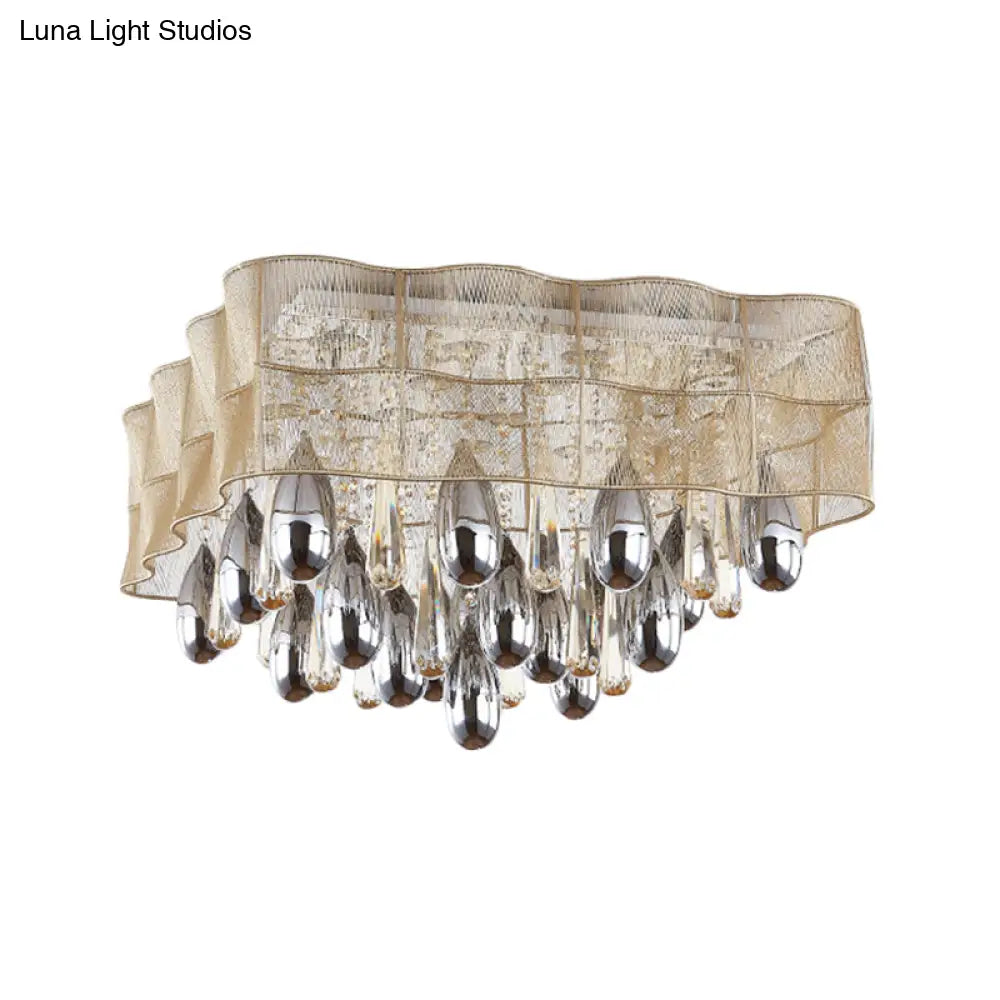 Sleek 15 - Head Crystal Drip Flush Mount Ceiling Light With Beige Sheer Shade