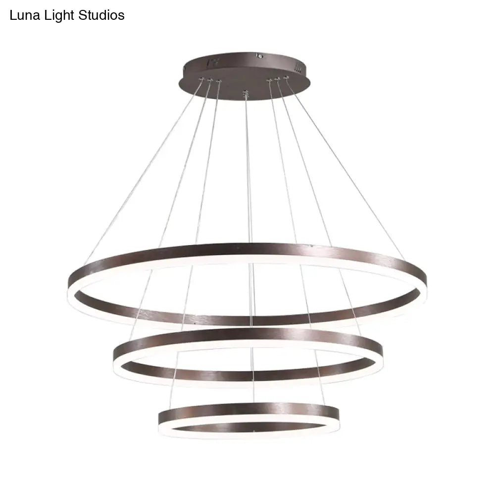 Sleek 2/3 Tiers Aluminum Led Chandelier: Minimalistic White/Coffee Pendant Light Fixture For Dining