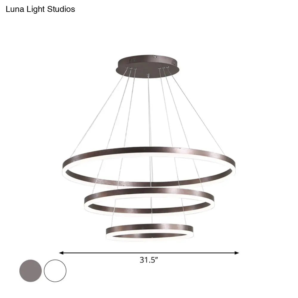 Sleek 2/3 Tiers Aluminum Led Chandelier: Minimalistic White/Coffee Pendant Light Fixture For Dining