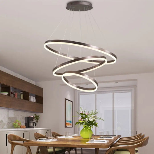 Sleek 2/3 Tiers Aluminum Led Chandelier: Minimalistic White/Coffee Pendant Light Fixture For Dining