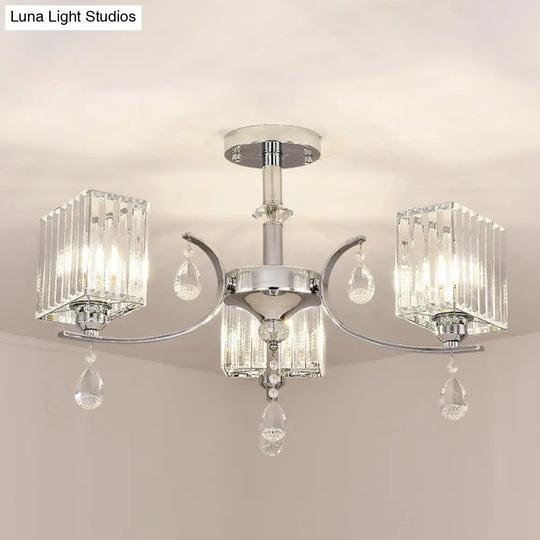 Sleek 3-Head Cuboid Crystal Prisms Ceiling Light: Chrome Semi-Flush Chandelier With Drop Deco