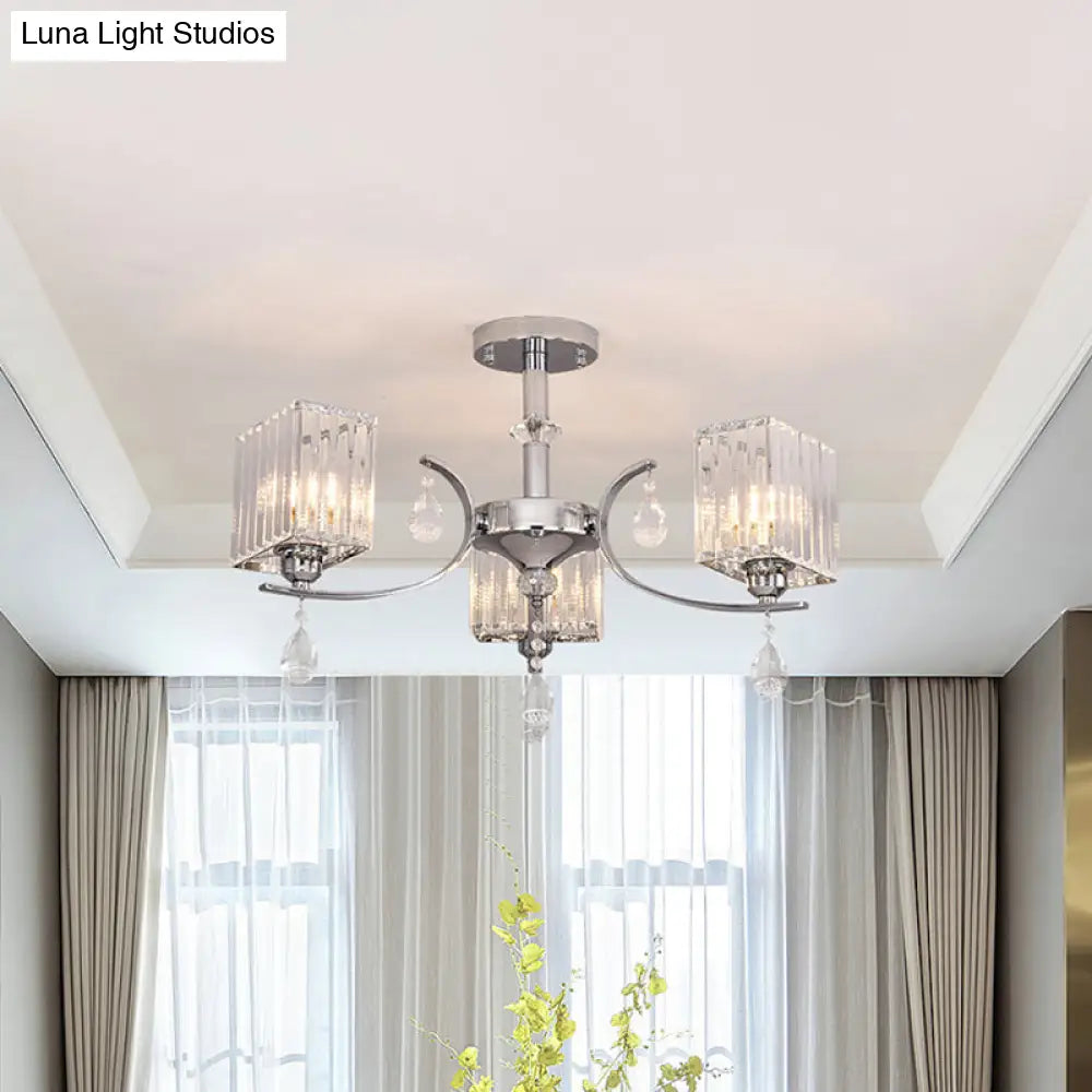 Sleek 3 - Head Cuboid Crystal Prisms Ceiling Light: Chrome Semi - Flush Chandelier With Drop Deco