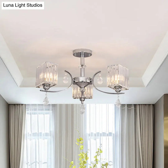 Sleek 3 - Head Cuboid Crystal Prisms Ceiling Light: Chrome Semi - Flush Chandelier With Drop Deco