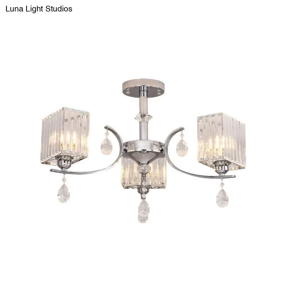 Sleek 3-Head Cuboid Crystal Prisms Ceiling Light: Chrome Semi-Flush Chandelier With Drop Deco