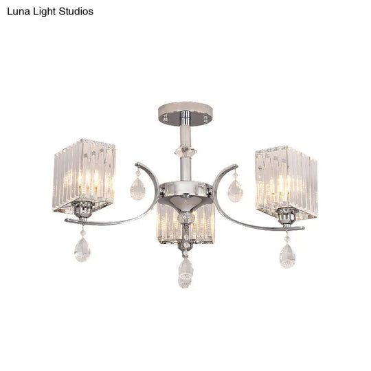 Sleek 3-Head Cuboid Crystal Prisms Ceiling Light: Chrome Semi-Flush Chandelier With Drop Deco