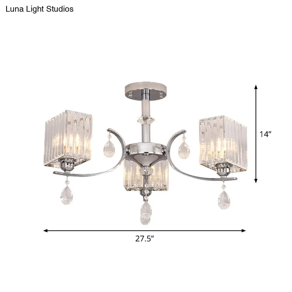 Sleek 3 - Head Cuboid Crystal Prisms Ceiling Light: Chrome Semi - Flush Chandelier With Drop Deco