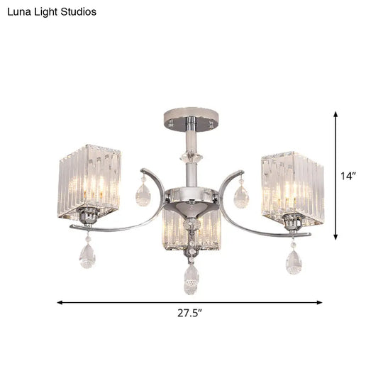 Sleek 3 - Head Cuboid Crystal Prisms Ceiling Light: Chrome Semi - Flush Chandelier With Drop Deco