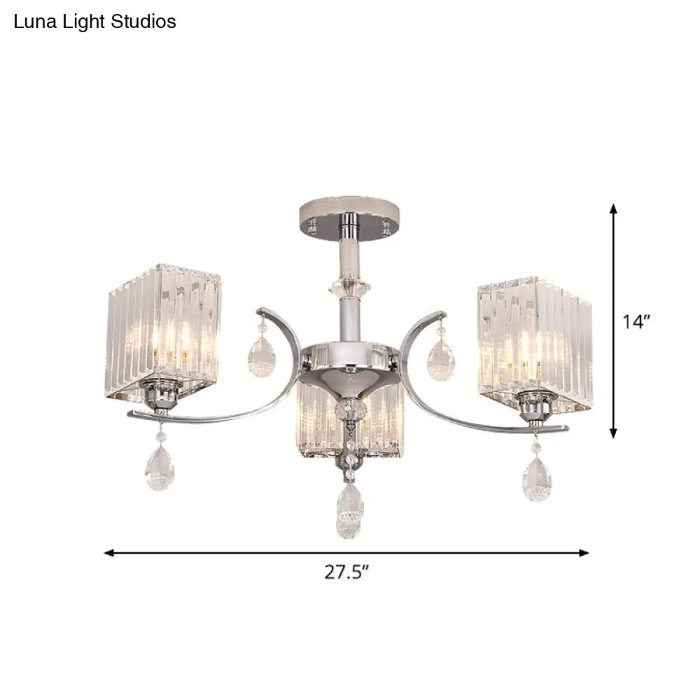 Sleek 3-Head Cuboid Crystal Prisms Ceiling Light: Chrome Semi-Flush Chandelier With Drop Deco