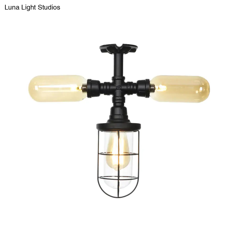 Sleek 3-Head Foyer Semi Flush Mount In Black With Clear Glass Ball/Capsule And Cage