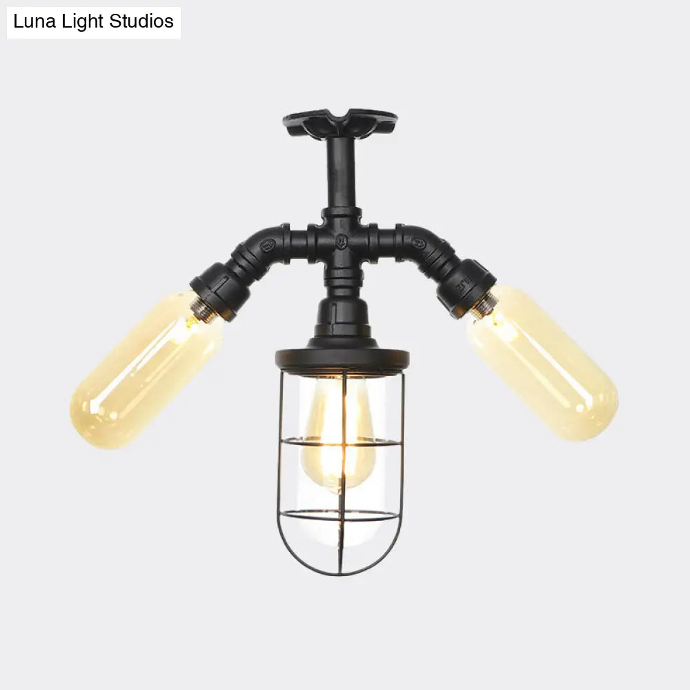 Industrial Black 3-Head Foyer Semi Flush Mount With Glass Ball/Capsule And Cage