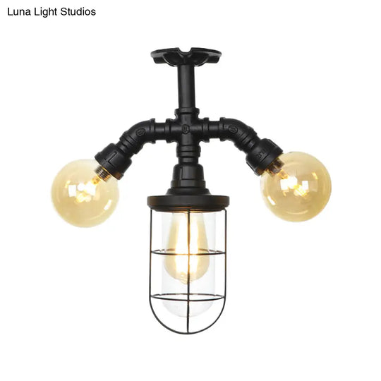 Industrial Black 3-Head Foyer Semi Flush Mount With Glass Ball/Capsule And Cage