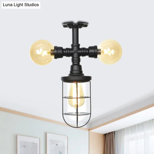 Sleek 3-Head Foyer Semi Flush Mount In Black With Clear Glass Ball/Capsule And Cage