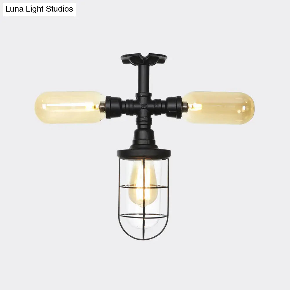 Industrial Black 3-Head Foyer Semi Flush Mount With Glass Ball/Capsule And Cage