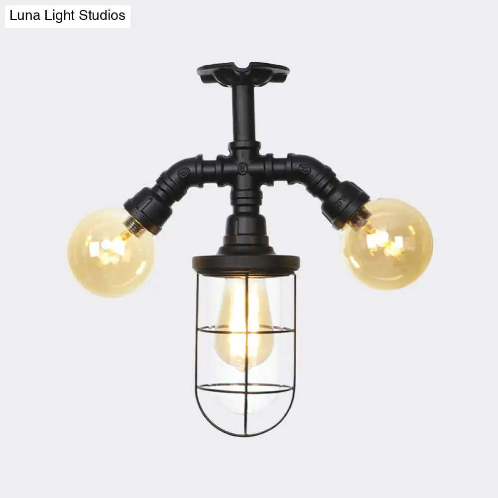 Sleek 3-Head Foyer Semi Flush Mount In Black With Clear Glass Ball/Capsule And Cage
