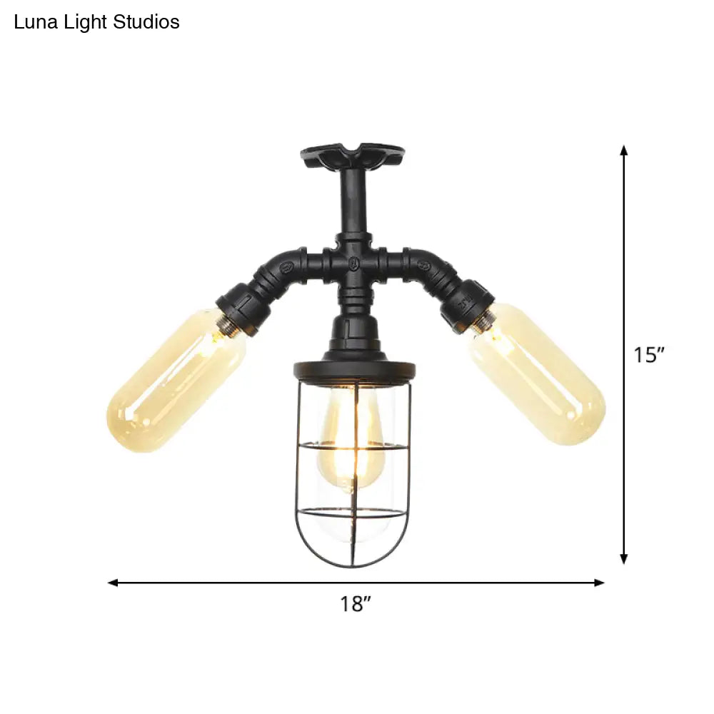 Sleek 3-Head Foyer Semi Flush Mount In Black With Clear Glass Ball/Capsule And Cage