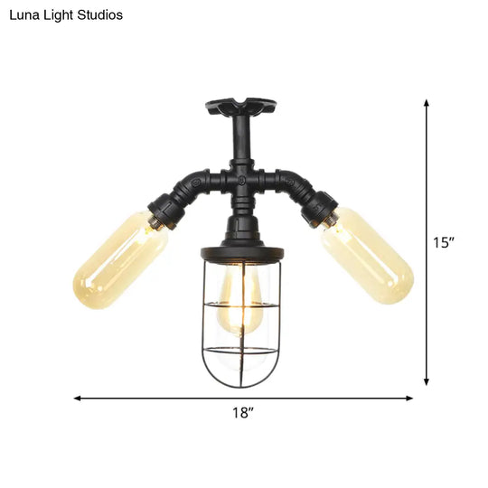 Sleek 3-Head Foyer Semi Flush Mount In Black With Clear Glass Ball/Capsule And Cage