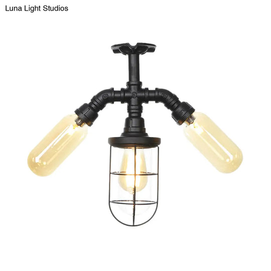 Sleek 3-Head Foyer Semi Flush Mount In Black With Clear Glass Ball/Capsule And Cage