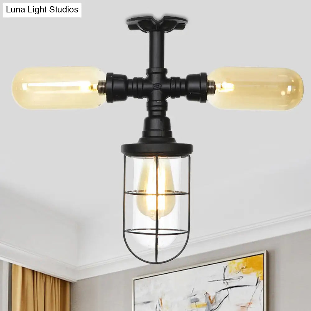 Industrial Black 3-Head Foyer Semi Flush Mount With Glass Ball/Capsule And Cage / C