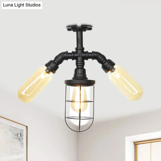 Industrial Black 3-Head Foyer Semi Flush Mount With Glass Ball/Capsule And Cage