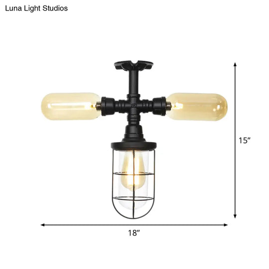 Sleek 3-Head Foyer Semi Flush Mount In Black With Clear Glass Ball/Capsule And Cage