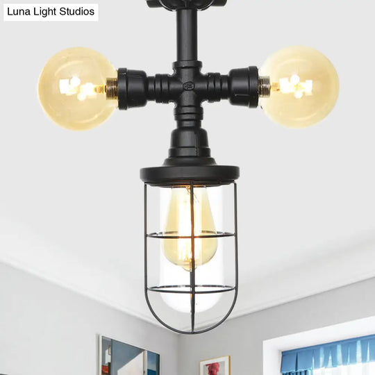 Industrial Black 3-Head Foyer Semi Flush Mount With Glass Ball/Capsule And Cage / E