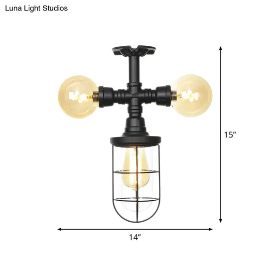 Industrial Black 3-Head Foyer Semi Flush Mount With Glass Ball/Capsule And Cage