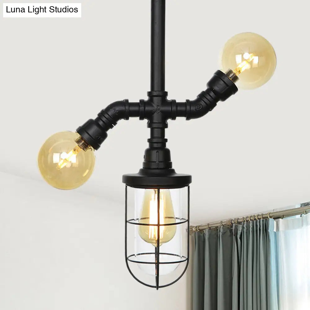 Industrial Black 3-Head Foyer Semi Flush Mount With Glass Ball/Capsule And Cage / B