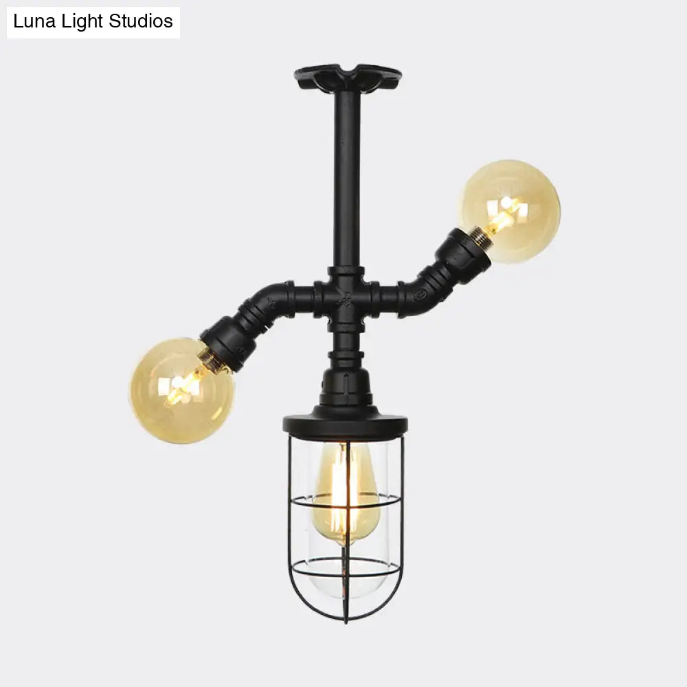 Sleek 3-Head Foyer Semi Flush Mount In Black With Clear Glass Ball/Capsule And Cage