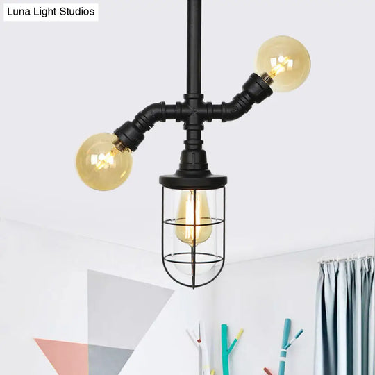 Industrial Black 3-Head Foyer Semi Flush Mount With Glass Ball/Capsule And Cage