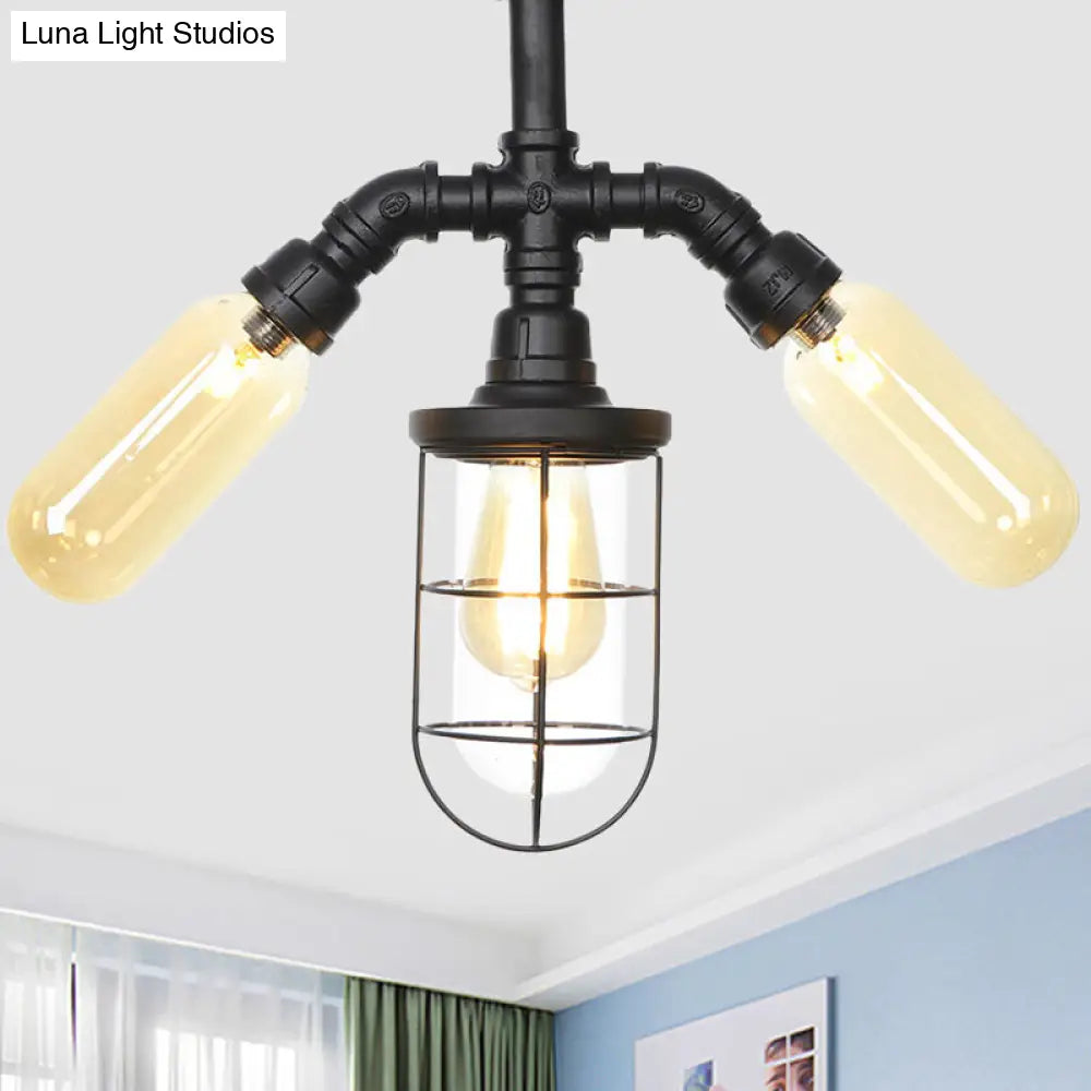 Industrial Black 3-Head Foyer Semi Flush Mount With Glass Ball/Capsule And Cage / D