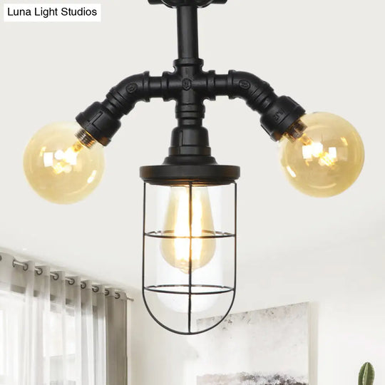 Industrial Black 3-Head Foyer Semi Flush Mount With Glass Ball/Capsule And Cage / F