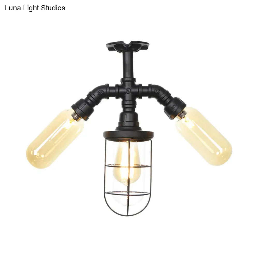 Industrial Black 3-Head Foyer Semi Flush Mount With Glass Ball/Capsule And Cage
