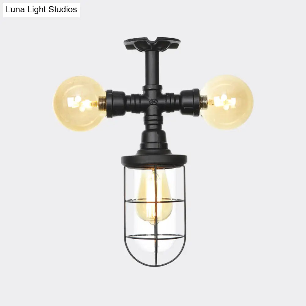 Sleek 3-Head Foyer Semi Flush Mount In Black With Clear Glass Ball/Capsule And Cage