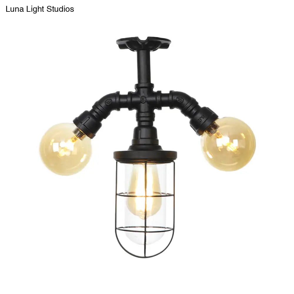 Sleek 3-Head Foyer Semi Flush Mount In Black With Clear Glass Ball/Capsule And Cage