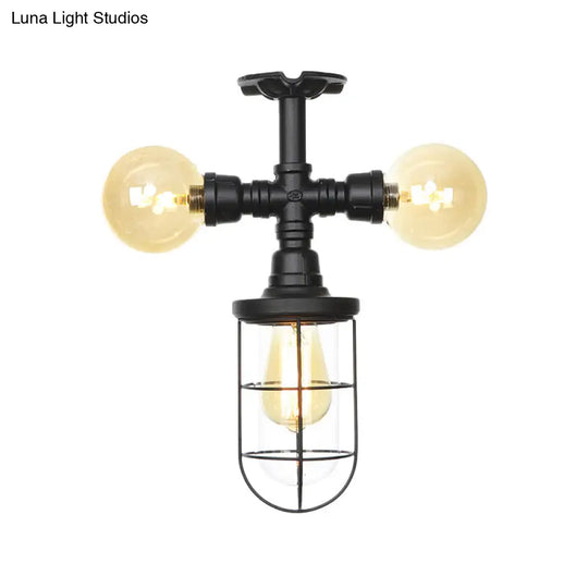 Industrial Black 3-Head Foyer Semi Flush Mount With Glass Ball/Capsule And Cage