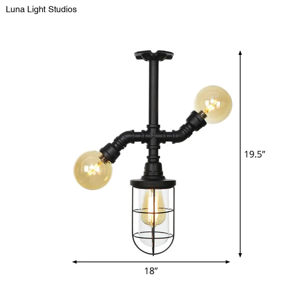 Industrial Black 3-Head Foyer Semi Flush Mount With Glass Ball/Capsule And Cage