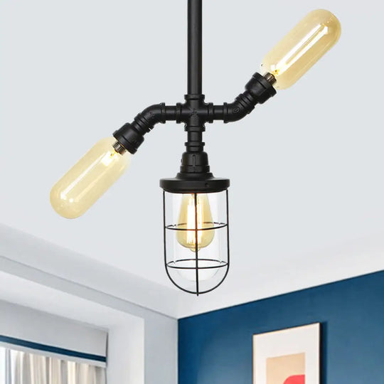 Sleek 3-Head Foyer Semi Flush Mount In Black With Clear Glass Ball/Capsule And Cage / A