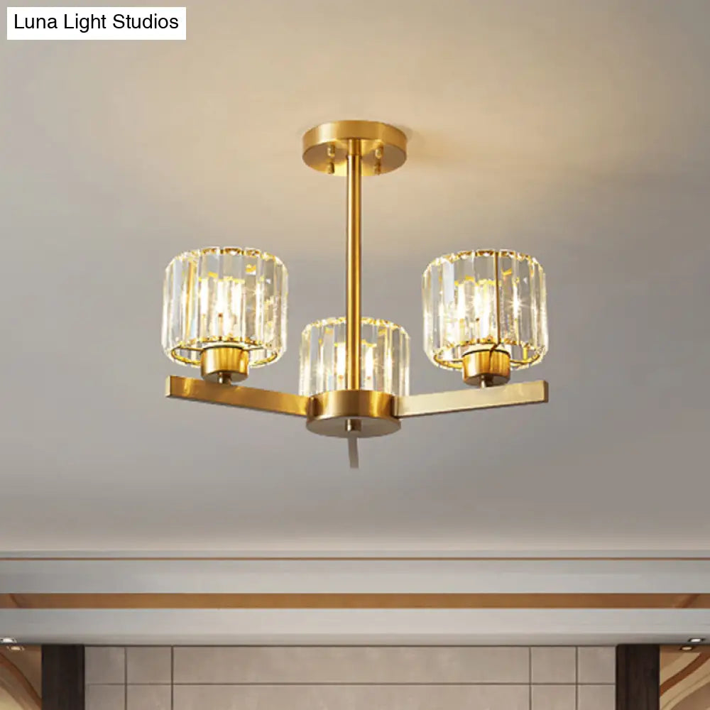 Sleek 3-Light Gold Pendant Chandelier With Cylinder Tri-Prism Crystal Accents - Simplicity In Design