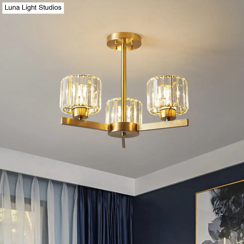 Sleek 3-Light Gold Pendant Chandelier With Cylinder Tri-Prism Crystal Accents - Simplicity In Design