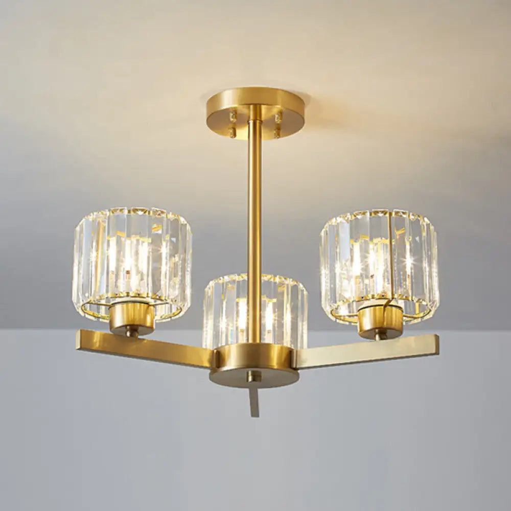 Sleek 3-Light Gold Pendant Chandelier With Cylinder Tri-Prism Crystal Accents - Simplicity In Design