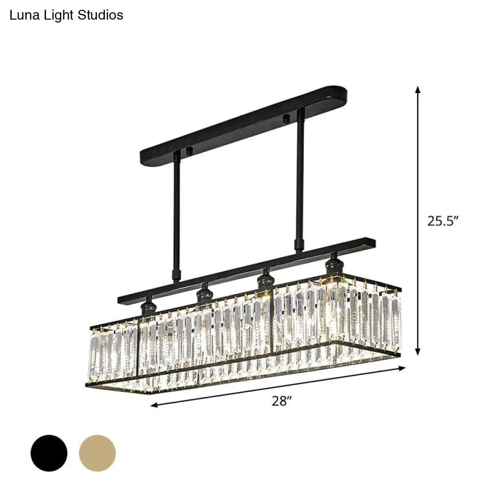 Sleek 4-Head Island Light: Champagne/Black Rectangle Suspension With Crystal Prisms