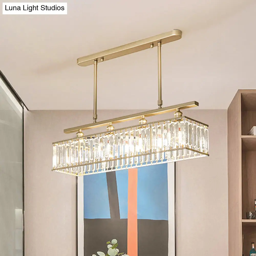 Sleek 4-Head Island Light: Champagne/Black Rectangle Suspension With Crystal Prisms