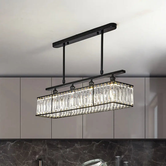 Sleek 4-Head Island Light: Champagne/Black Rectangle Suspension With Crystal Prisms Black