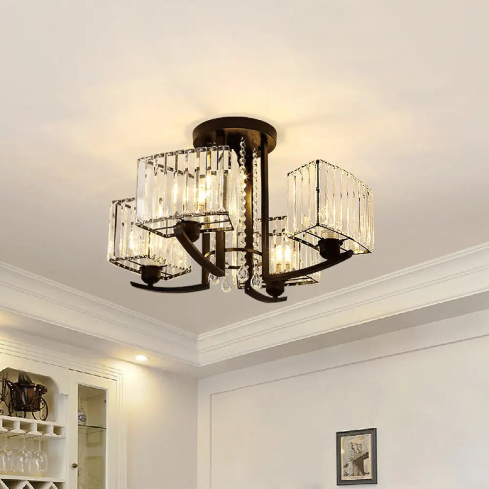 Sleek 5-Head Black Cuboid Semi Flush Ceiling Chandelier With Clear Crystal Shade - Simple Style